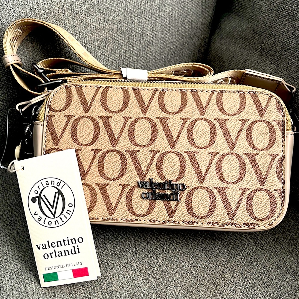 Valentino Orlandi Taupe Crossbody Camera Bag with Adjustable Detachable Strap.